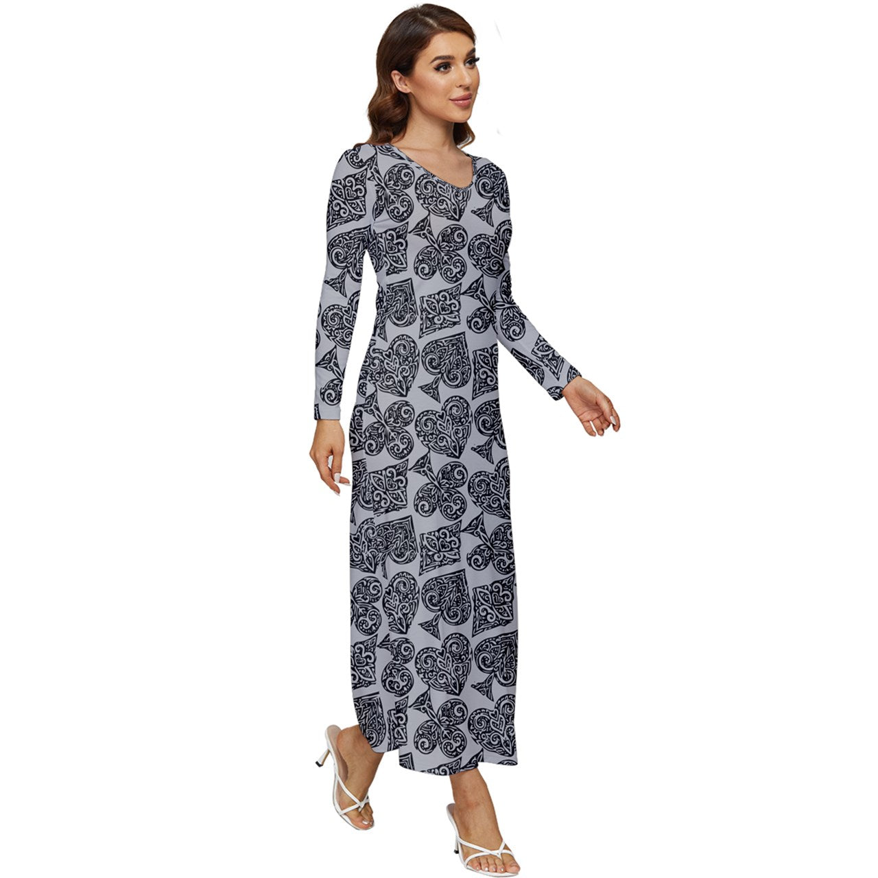 Playingcards-grey Long Sleeve Velour Longline Maxi Dress - Luxtrini, LLC