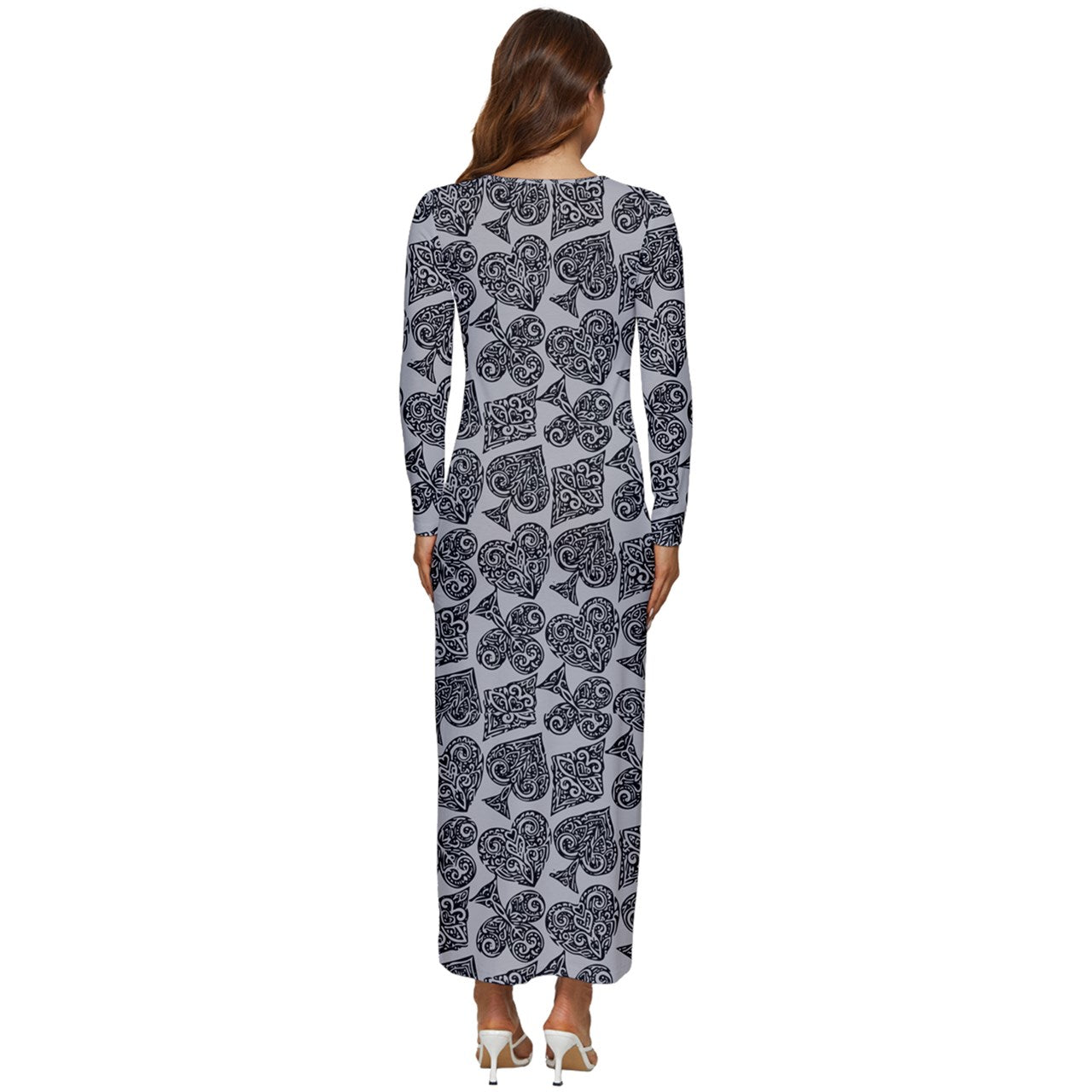 Playingcards-grey Long Sleeve Velour Longline Maxi Dress - Luxtrini, LLC