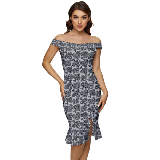 Playingcards-grey Off Shoulder Ruffle Split Hem Bodycon Dress - Luxtrini, LLC