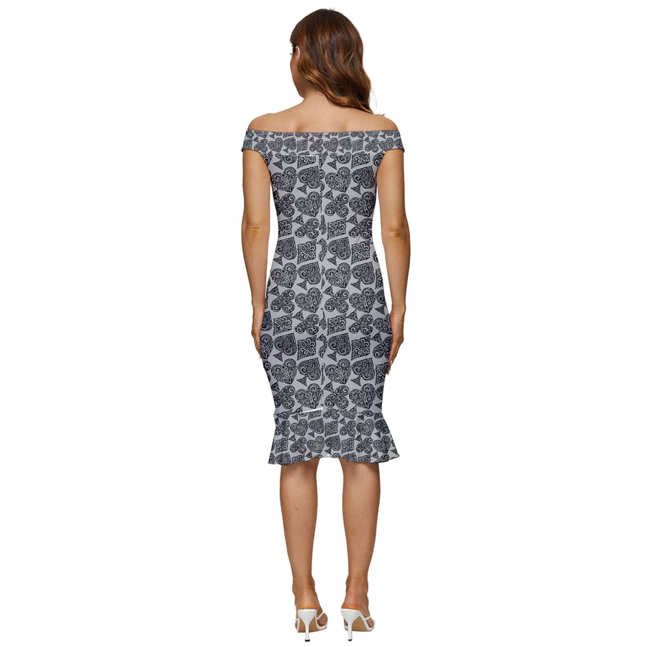 Playingcards-grey Off Shoulder Ruffle Split Hem Bodycon Dress - Luxtrini, LLC