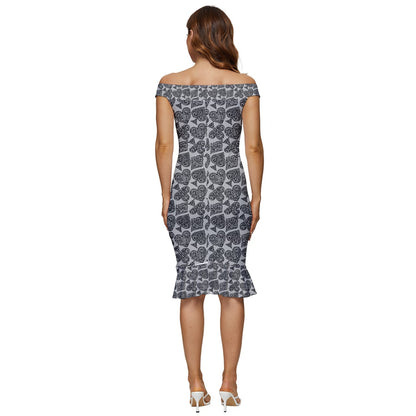 Playingcards-grey Off Shoulder Ruffle Split Hem Bodycon Dress - Luxtrini, LLC