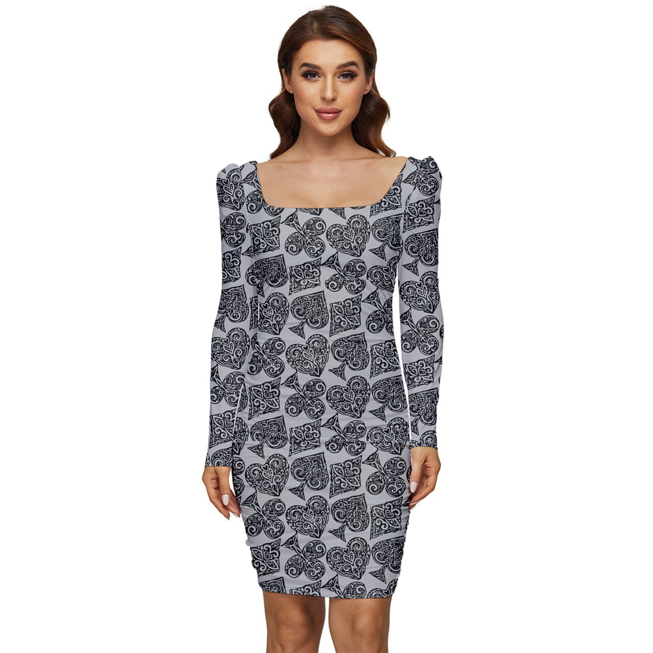 Playingcards-grey Women Long Sleeve Ruched Stretch Jersey Dress - Luxtrini, LLC