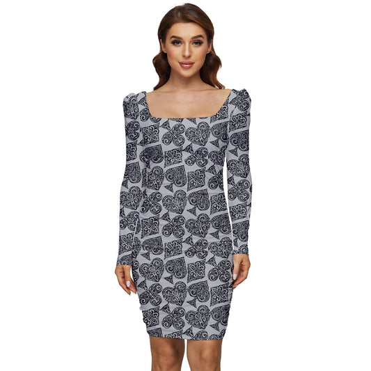 Playingcards-grey Women Long Sleeve Ruched Stretch Jersey Dress - Luxtrini, LLC