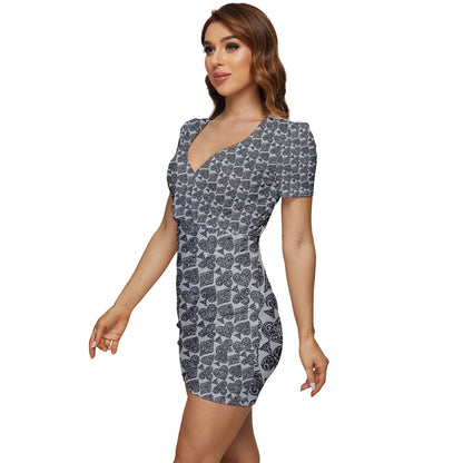 Playingcards-grey Low Cut Cap Sleeve Mini Dress - Luxtrini, LLC