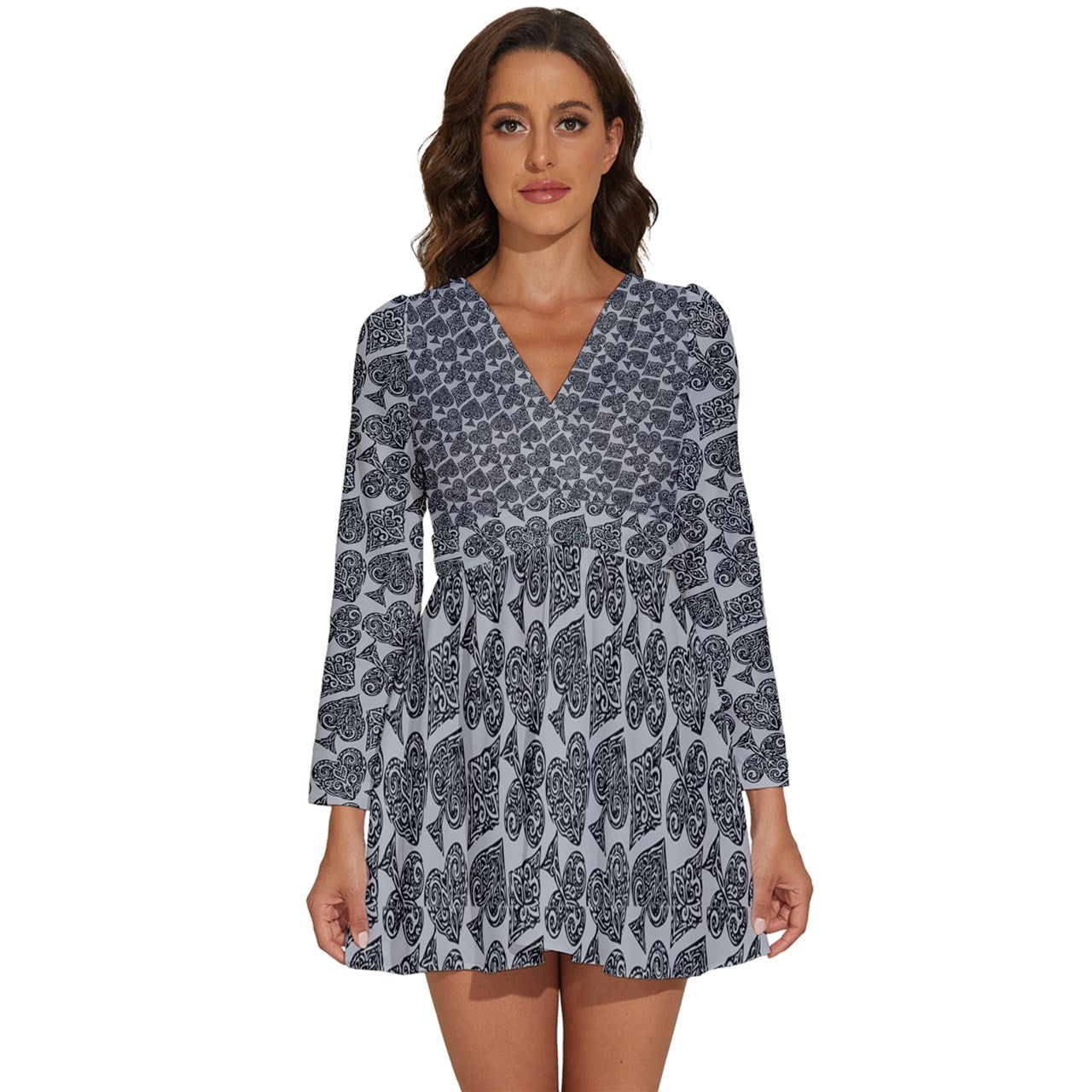 Playingcards-grey Long Sleeve V-Neck Chiffon Dress - Luxtrini, LLC