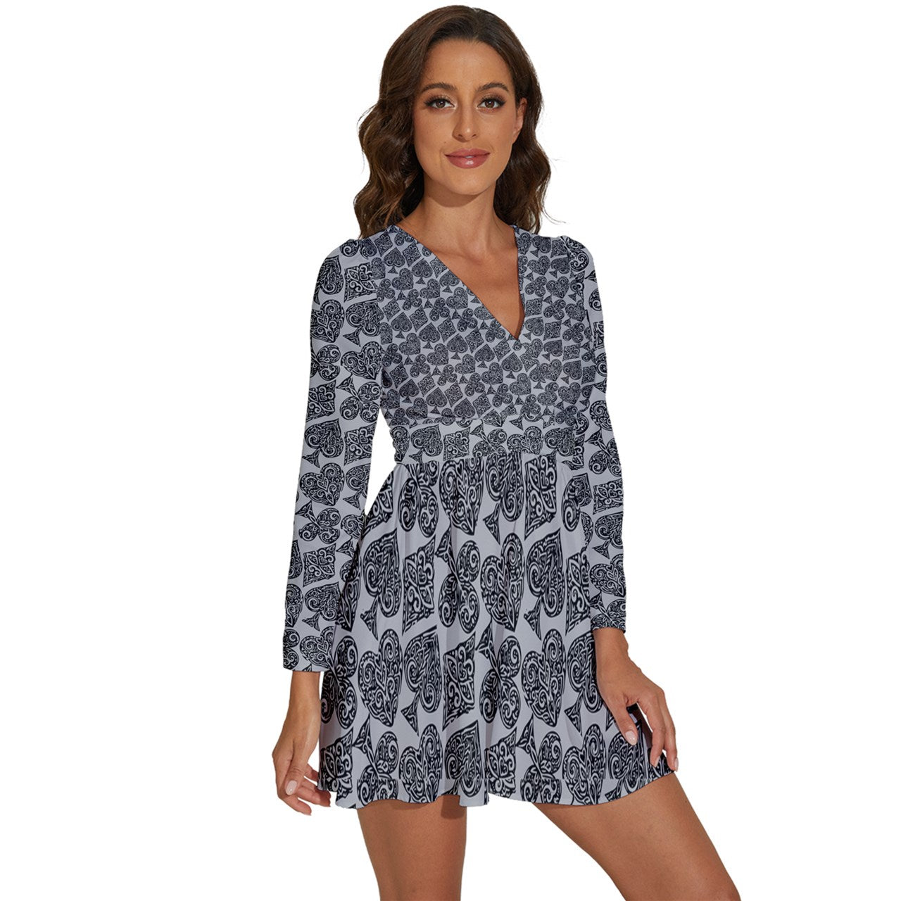 Playingcards-grey Long Sleeve V-Neck Chiffon Dress - Luxtrini, LLC