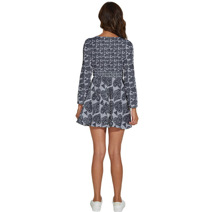 Playingcards-grey Long Sleeve V-Neck Chiffon Dress - Luxtrini, LLC