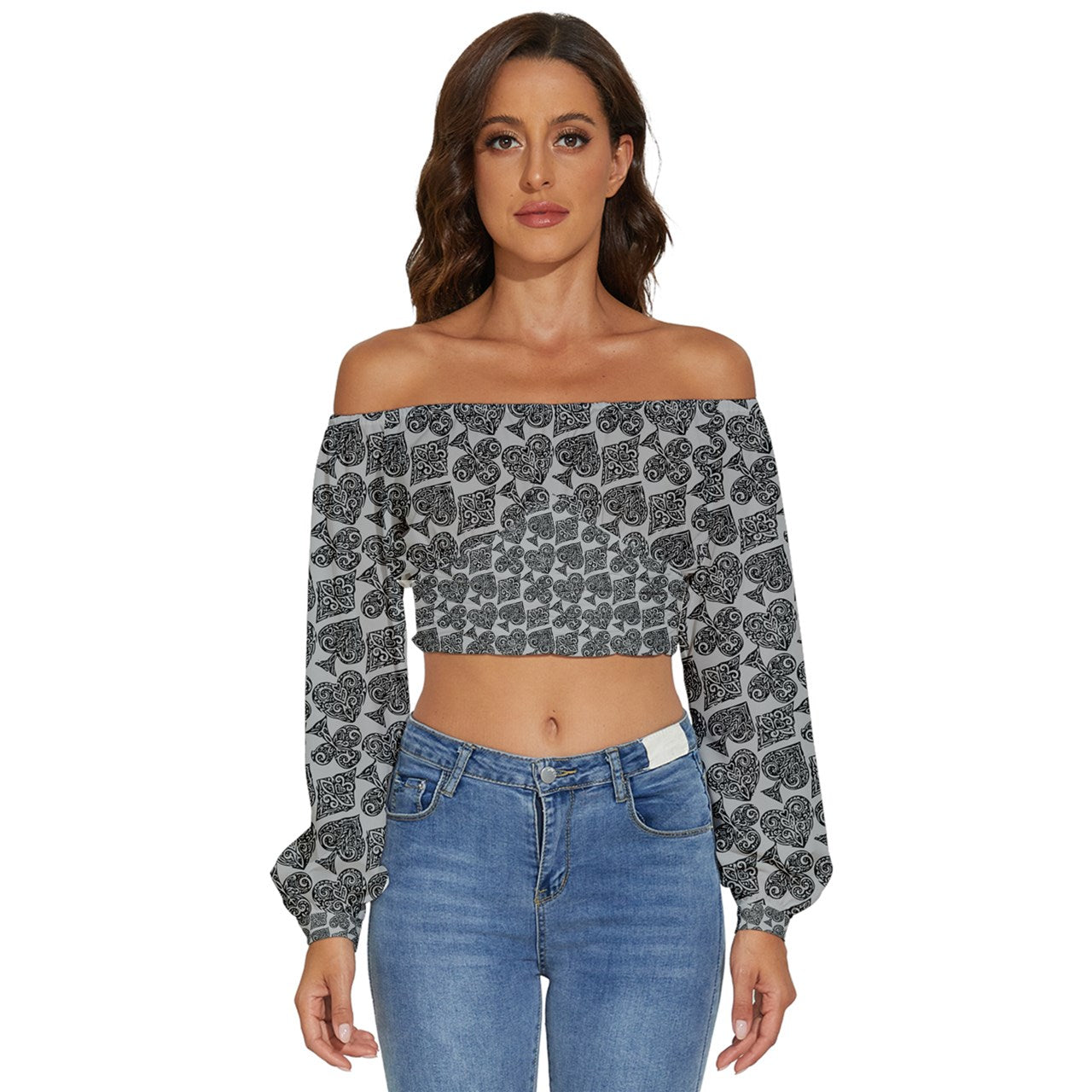 Playingcards-grey Long Sleeve Crinkled Weave Crop Top - Luxtrini, LLC