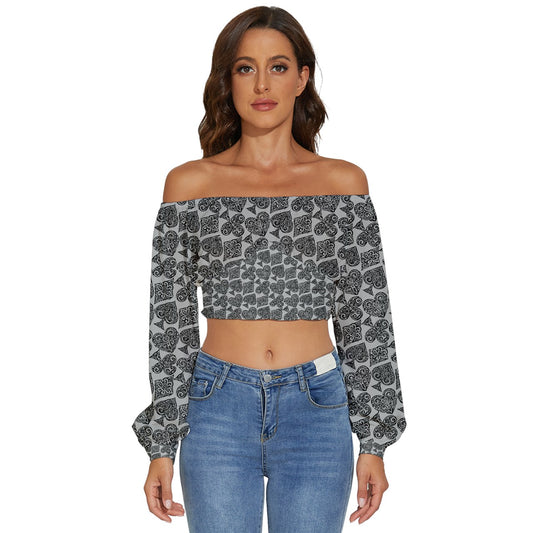 Playingcards-grey Long Sleeve Crinkled Weave Crop Top - Luxtrini, LLC