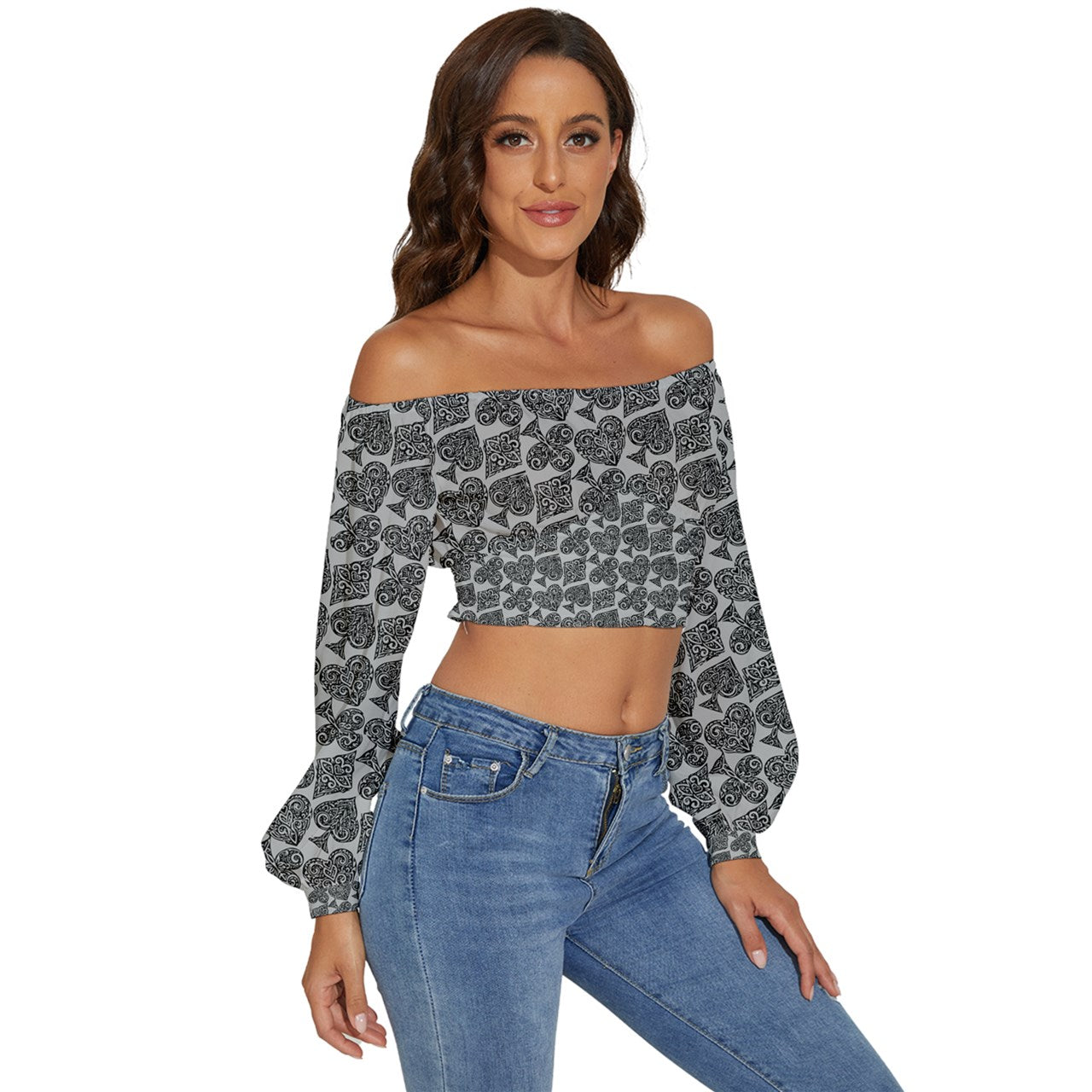 Playingcards-grey Long Sleeve Crinkled Weave Crop Top - Luxtrini, LLC