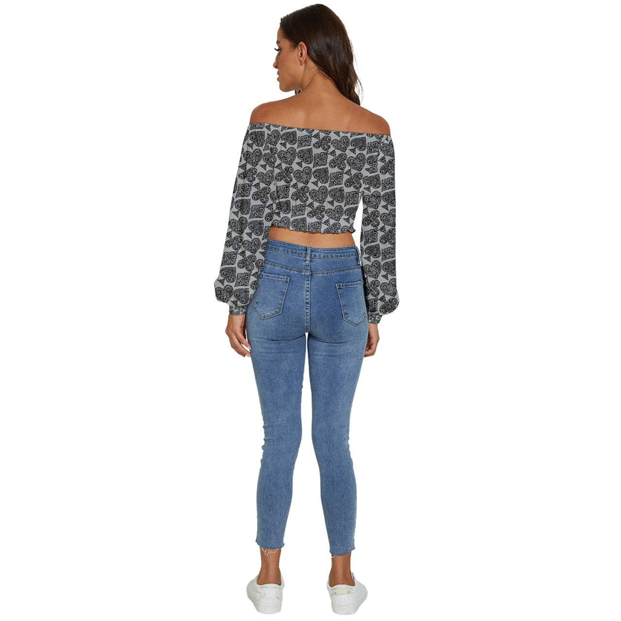 Playingcards-grey Long Sleeve Crinkled Weave Crop Top - Luxtrini, LLC