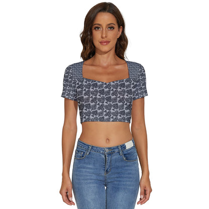 Playingcards-grey Short Sleeve Square Neckline Crop Top - Luxtrini, LLC