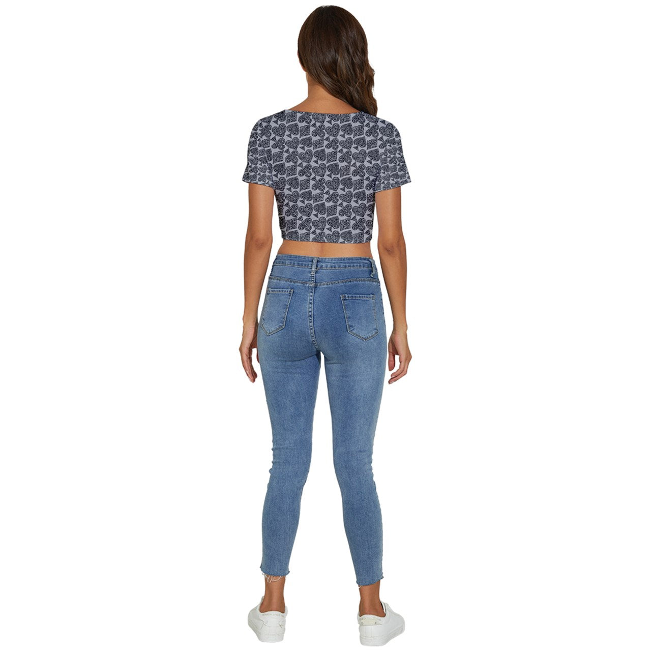 Playingcards-grey Short Sleeve Square Neckline Crop Top - Luxtrini, LLC