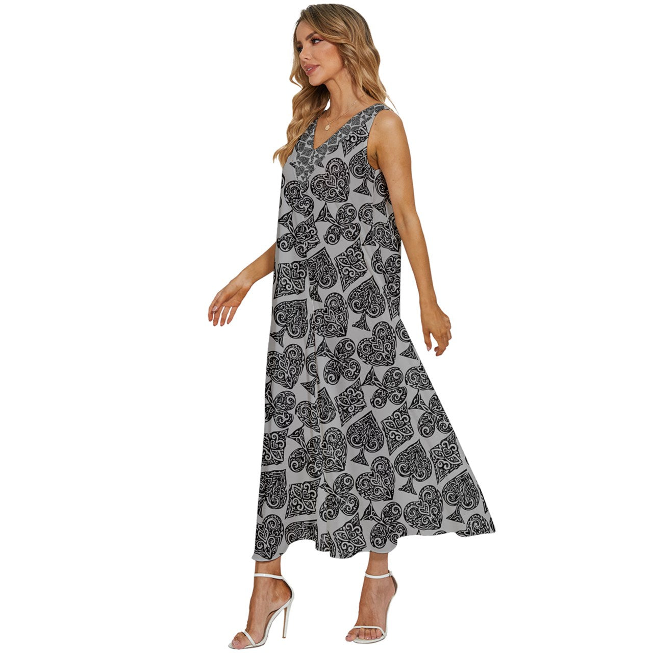 Playingcards-grey V-Neck Sleeveless Babydoll Dress - Luxtrini, LLC