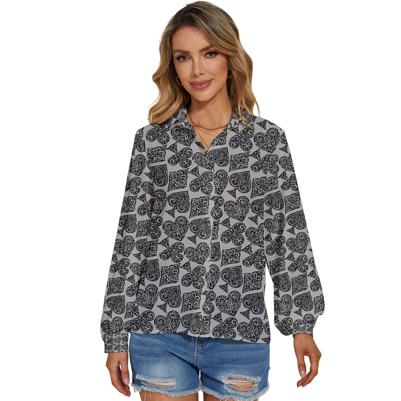 Playingcards-grey Women's Long Sleeve Button Down Shirt - Luxtrini, LLC