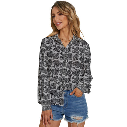 Playingcards-grey Women's Long Sleeve Button Down Shirt - Luxtrini, LLC