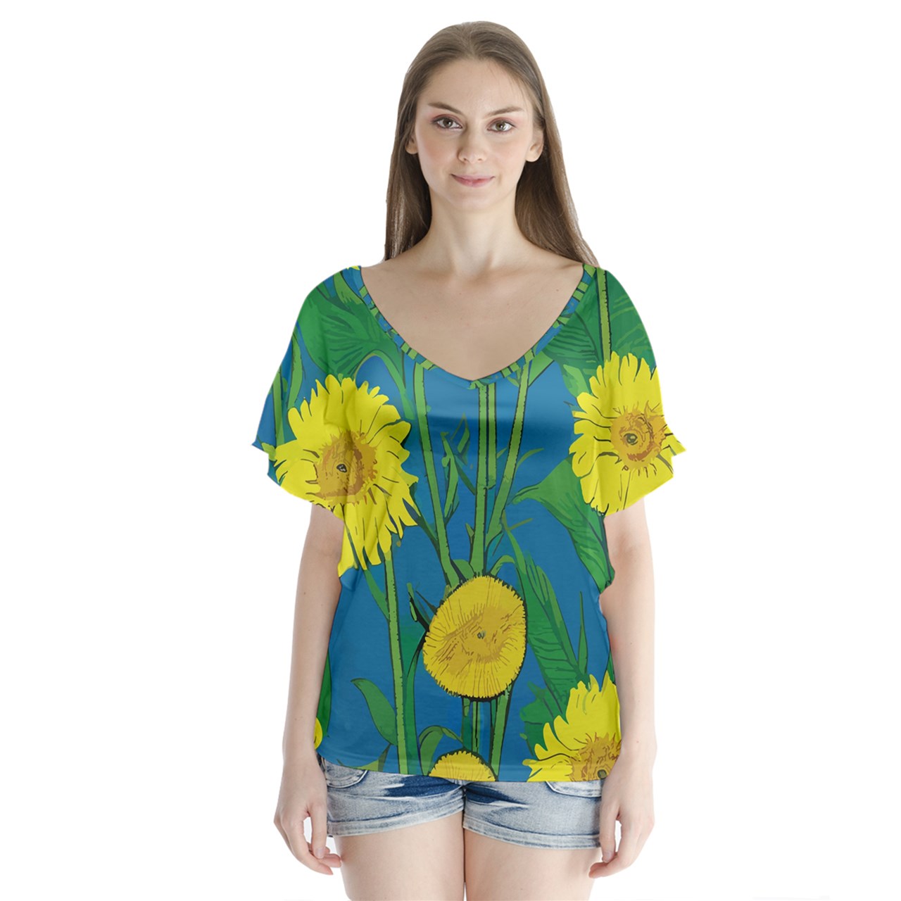 Sunflower V-Neck Flutter Sleeve Top