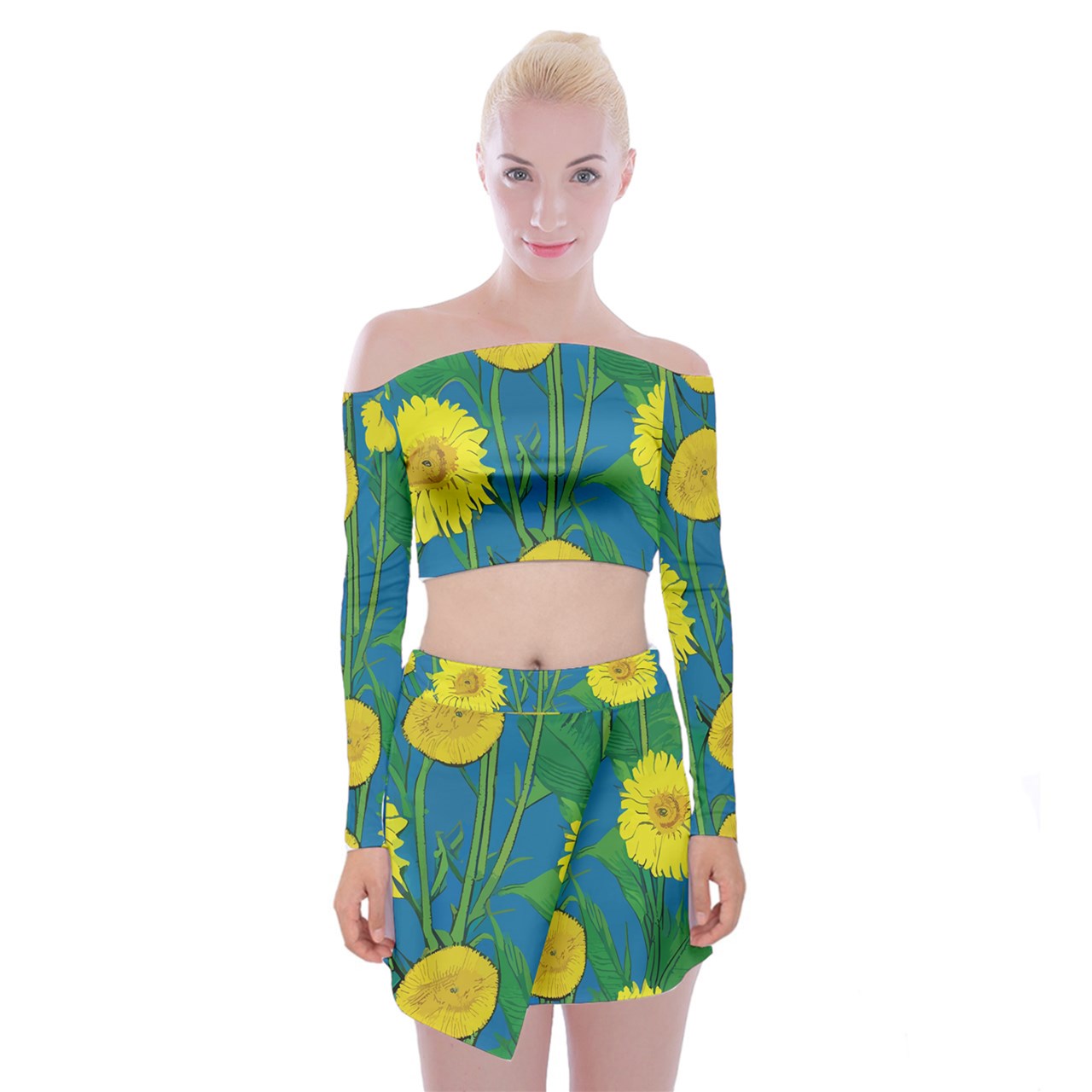 Sunflower Off Shoulder Top with Mini Skirt Set