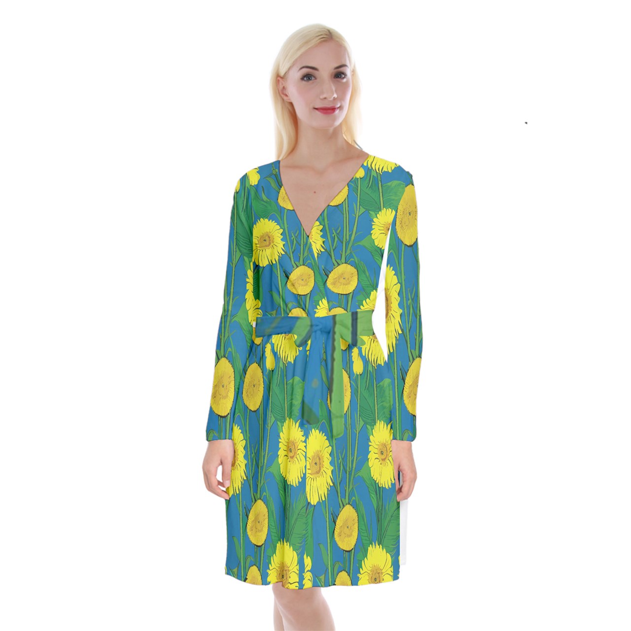 Sunflower Long Sleeve Velvet Front Wrap Dress