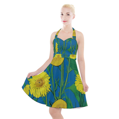 Sunflower Halter Party Swing Dress