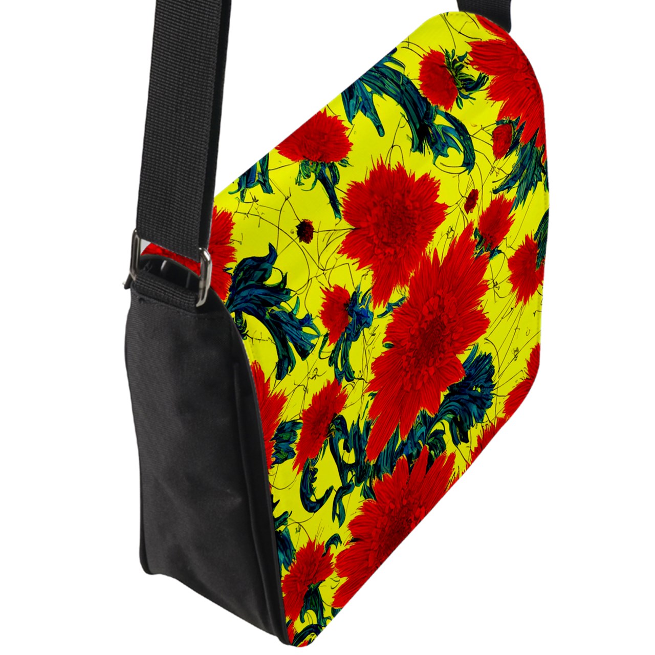 Red Flowers on Yellow Flap Closure Messenger Bag (L)