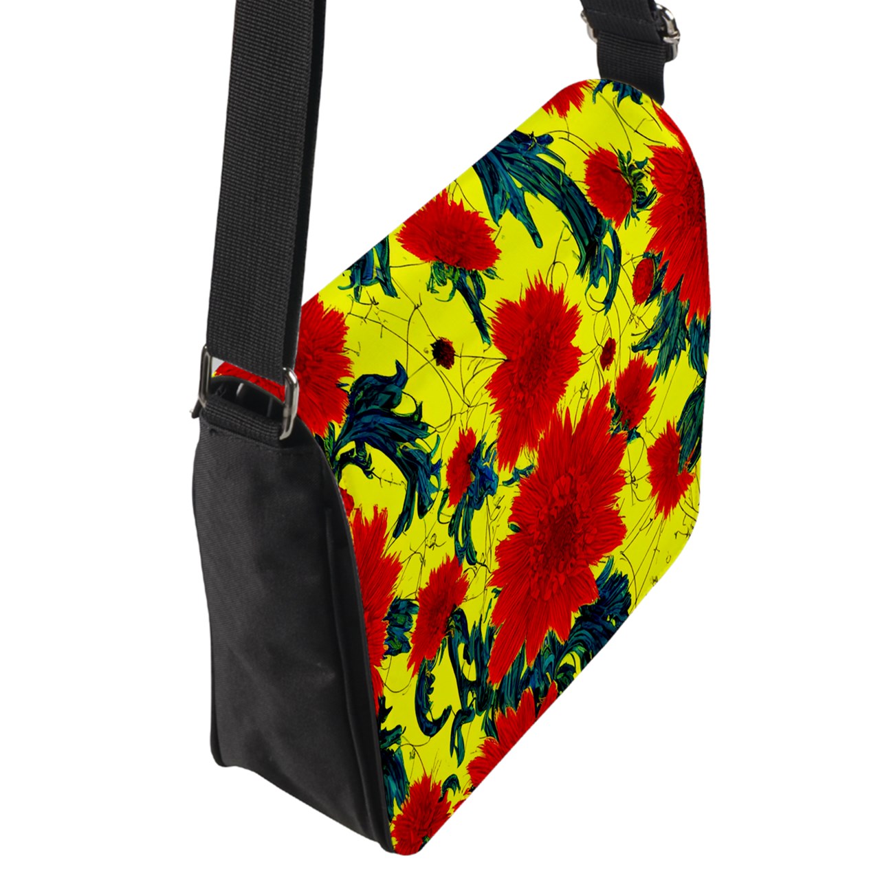 Red Flowers on Yellow Flap Closure Messenger Bag (S)