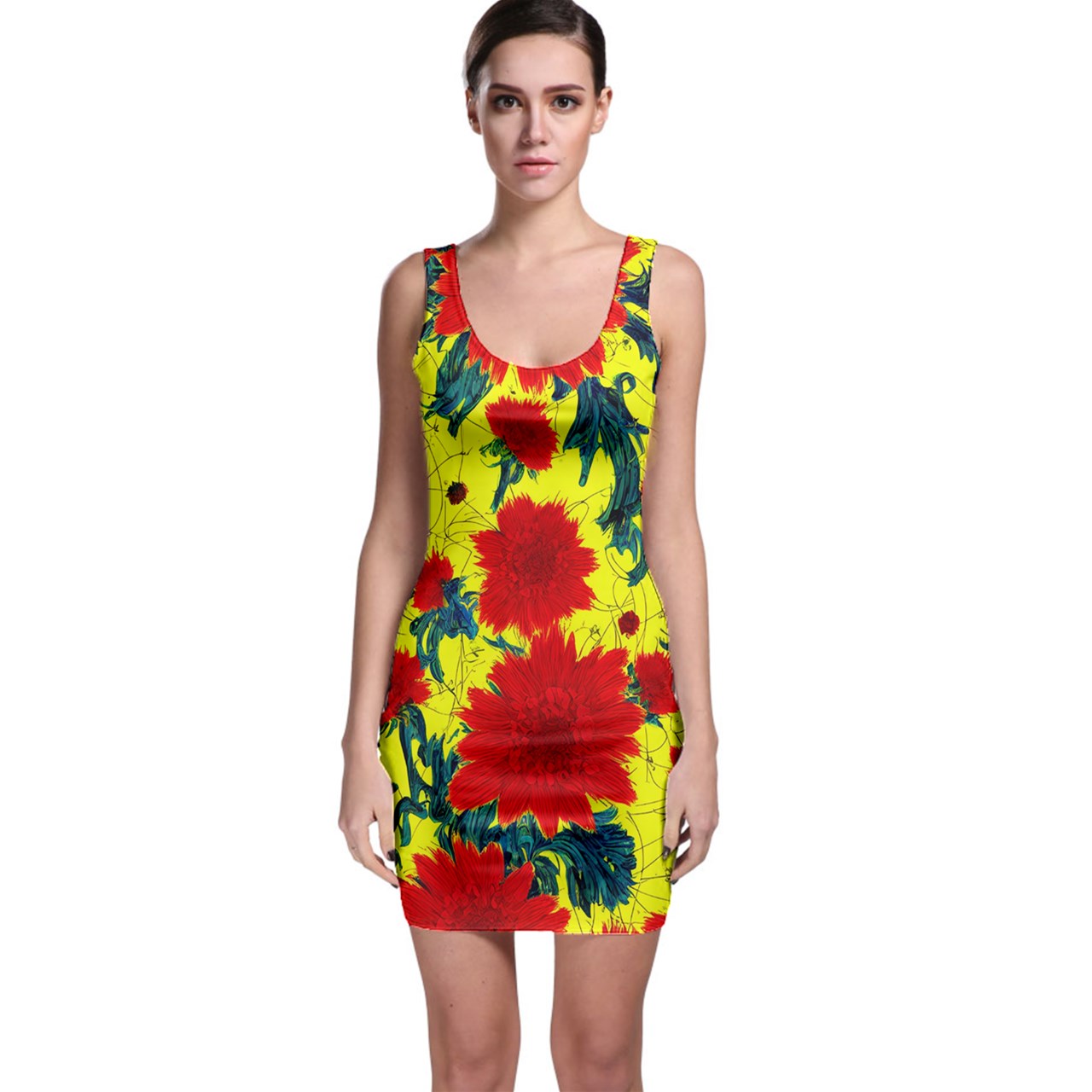 Red Flowers on Yellow Bodycon Dress