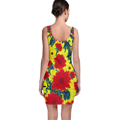 Red Flowers on Yellow Bodycon Dress