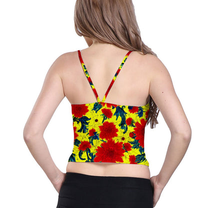 Red Flowers on Yellow Spaghetti Strap Bra Top