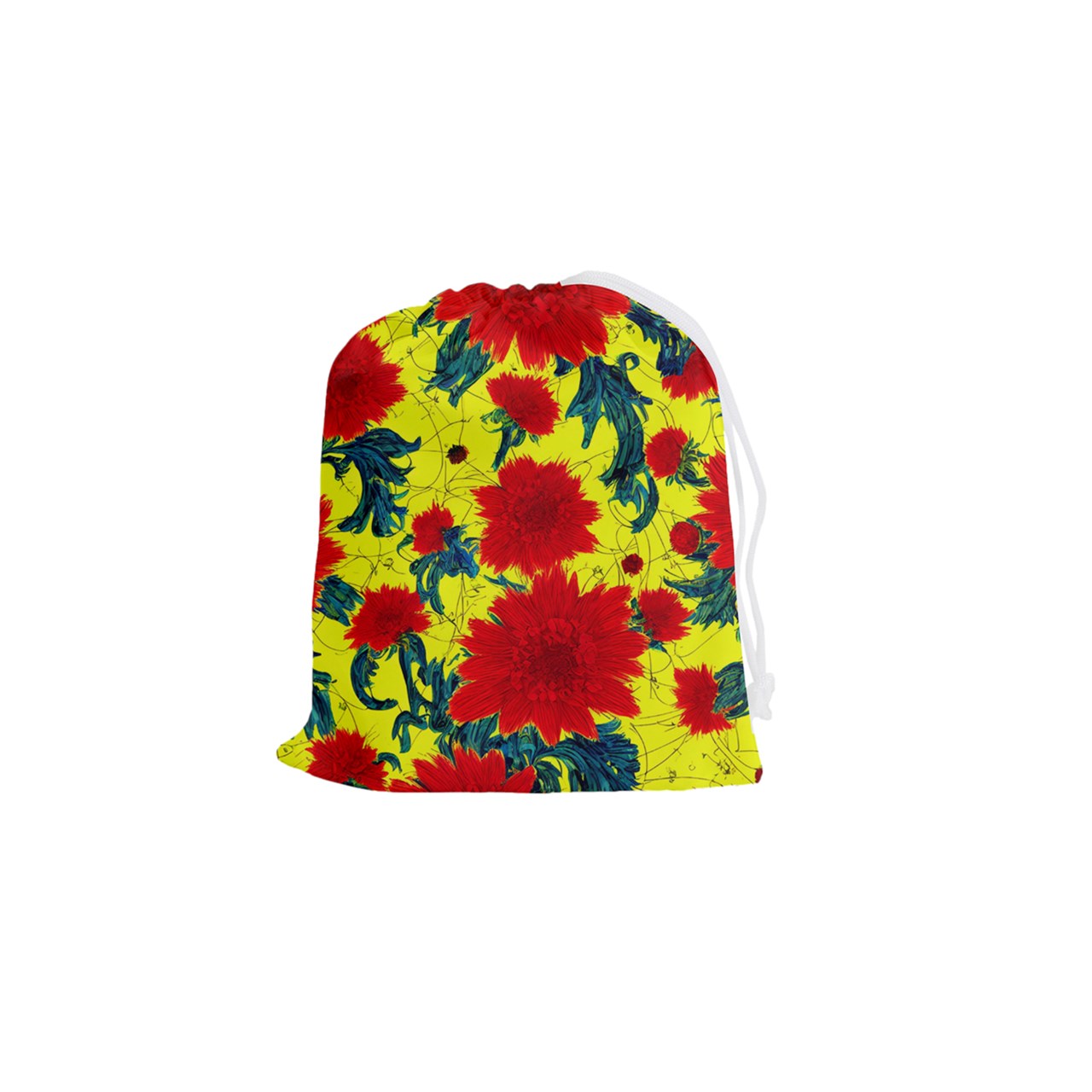 Red Flowers on Yellow Drawstring Pouch (Small)