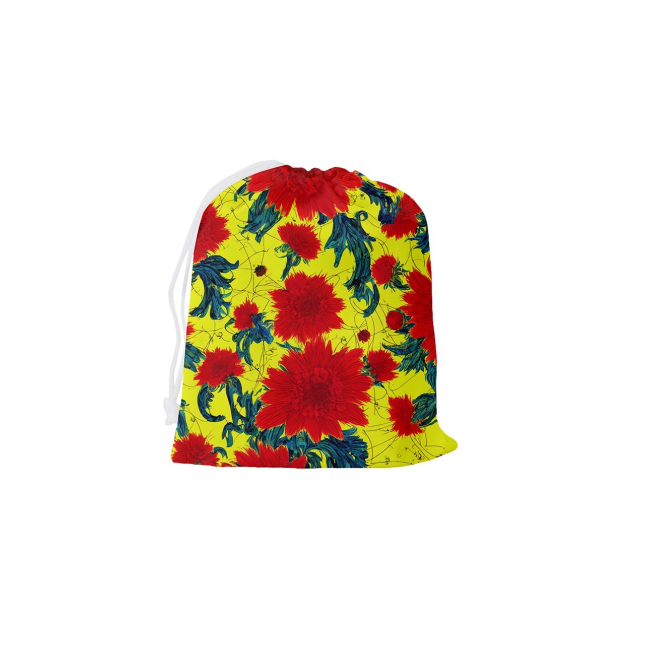 Red Flowers on Yellow Drawstring Pouch (Small)