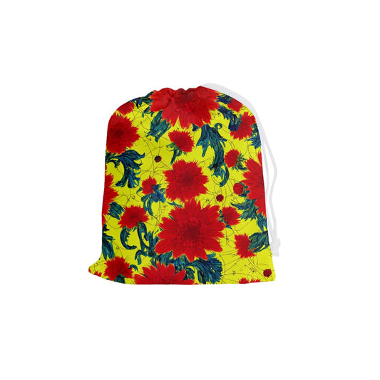 Red Flowers on Yellow Drawstring Pouch (Medium)