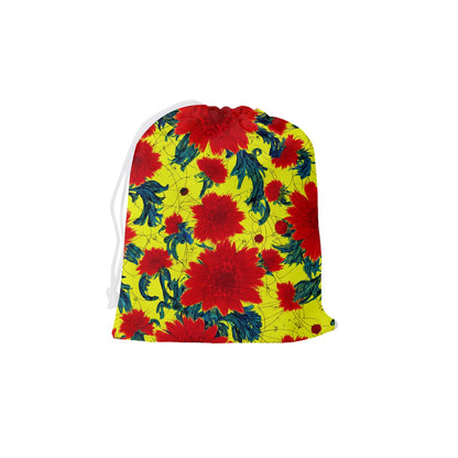 Red Flowers on Yellow Drawstring Pouch (Medium)