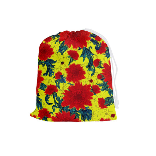 Red Flowers on Yellow Drawstring Pouch (Large)