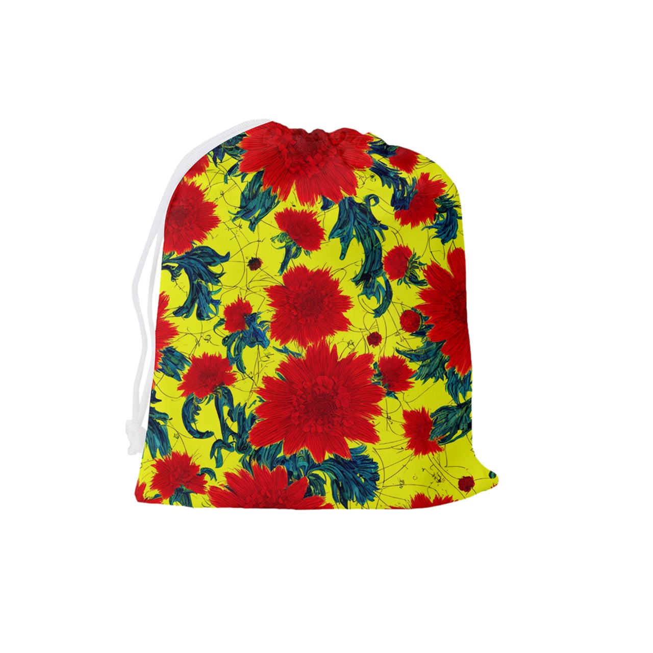 Red Flowers on Yellow Drawstring Pouch (Large)