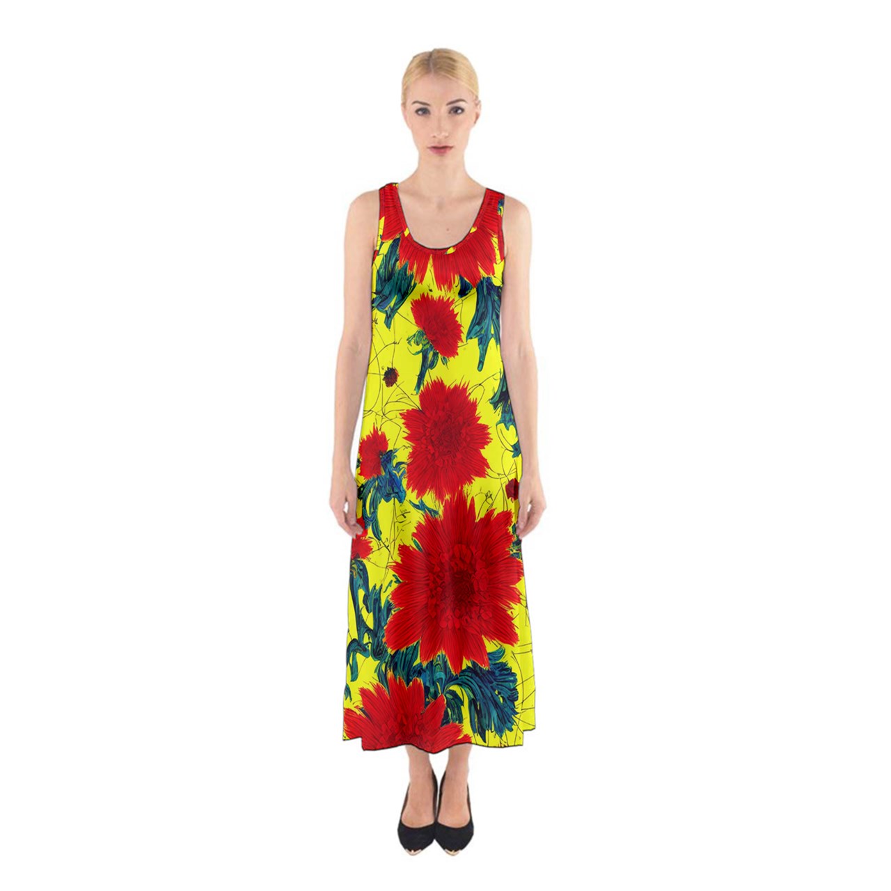 Red Flowers on Yellow Sleeveless Maxi Dress