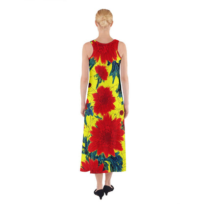 Red Flowers on Yellow Sleeveless Maxi Dress