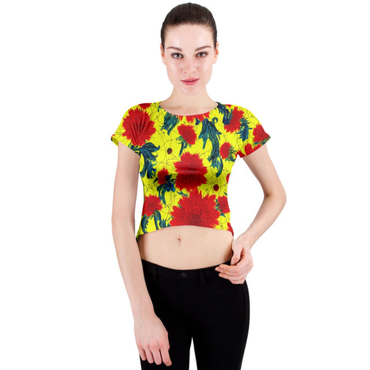 Red Flowers on Yellow Crew Neck Crop Top