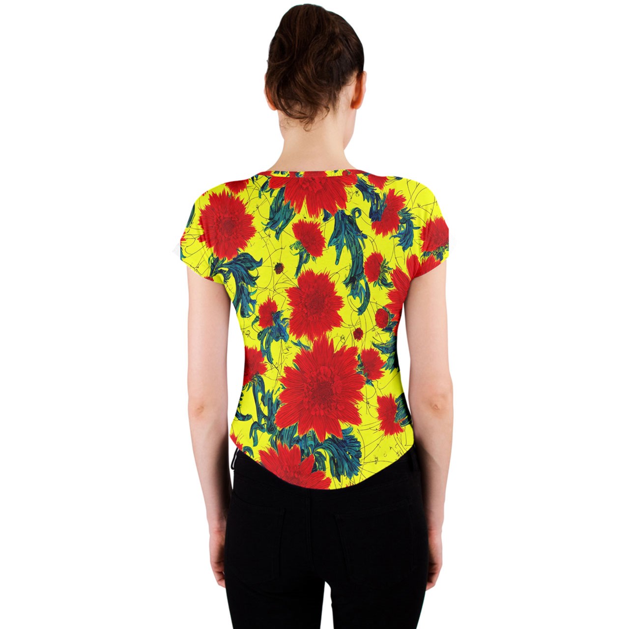 Red Flowers on Yellow Crew Neck Crop Top