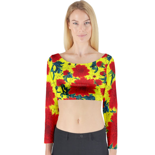 Red Flowers on Yellow Long Sleeve Crop Top