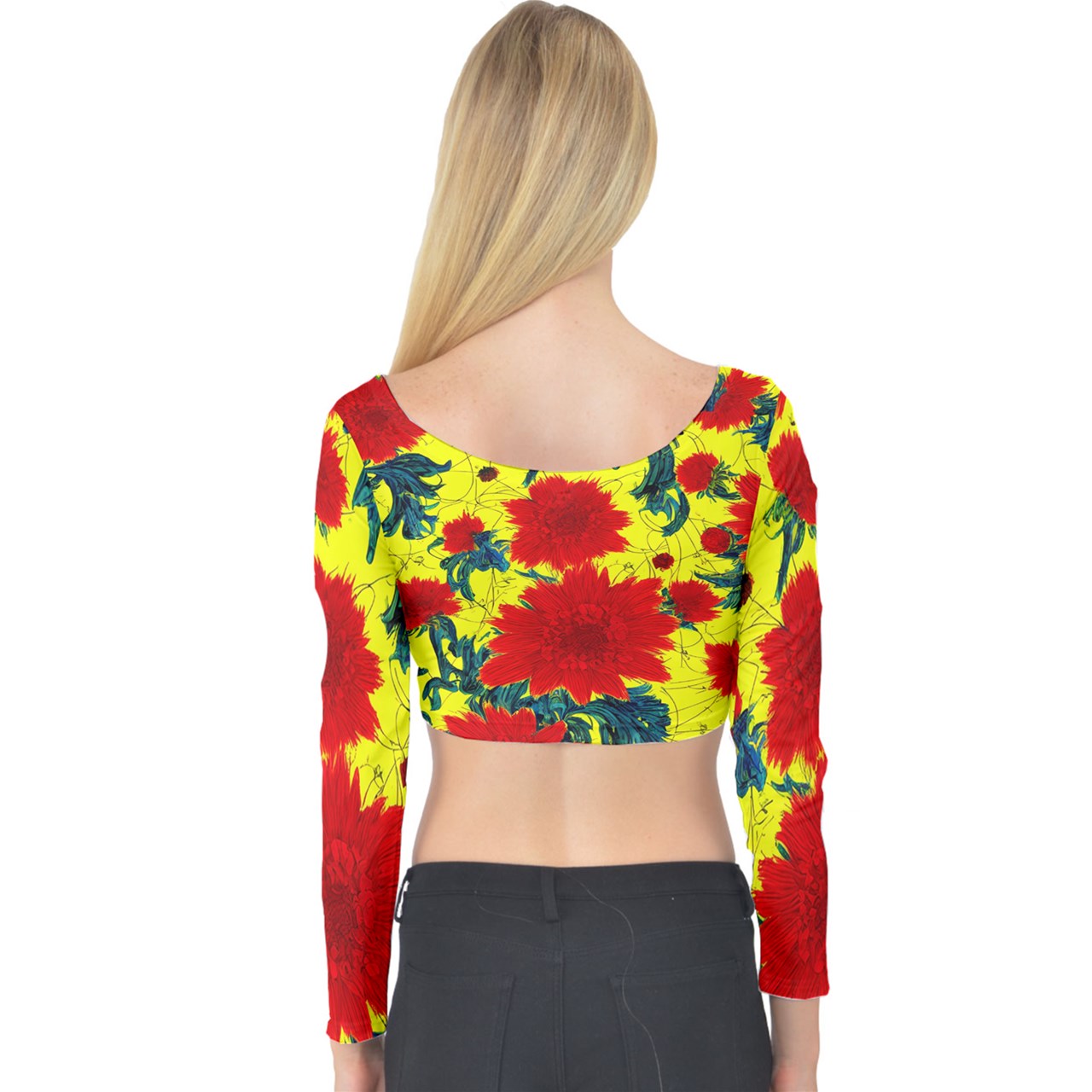 Red Flowers on Yellow Long Sleeve Crop Top