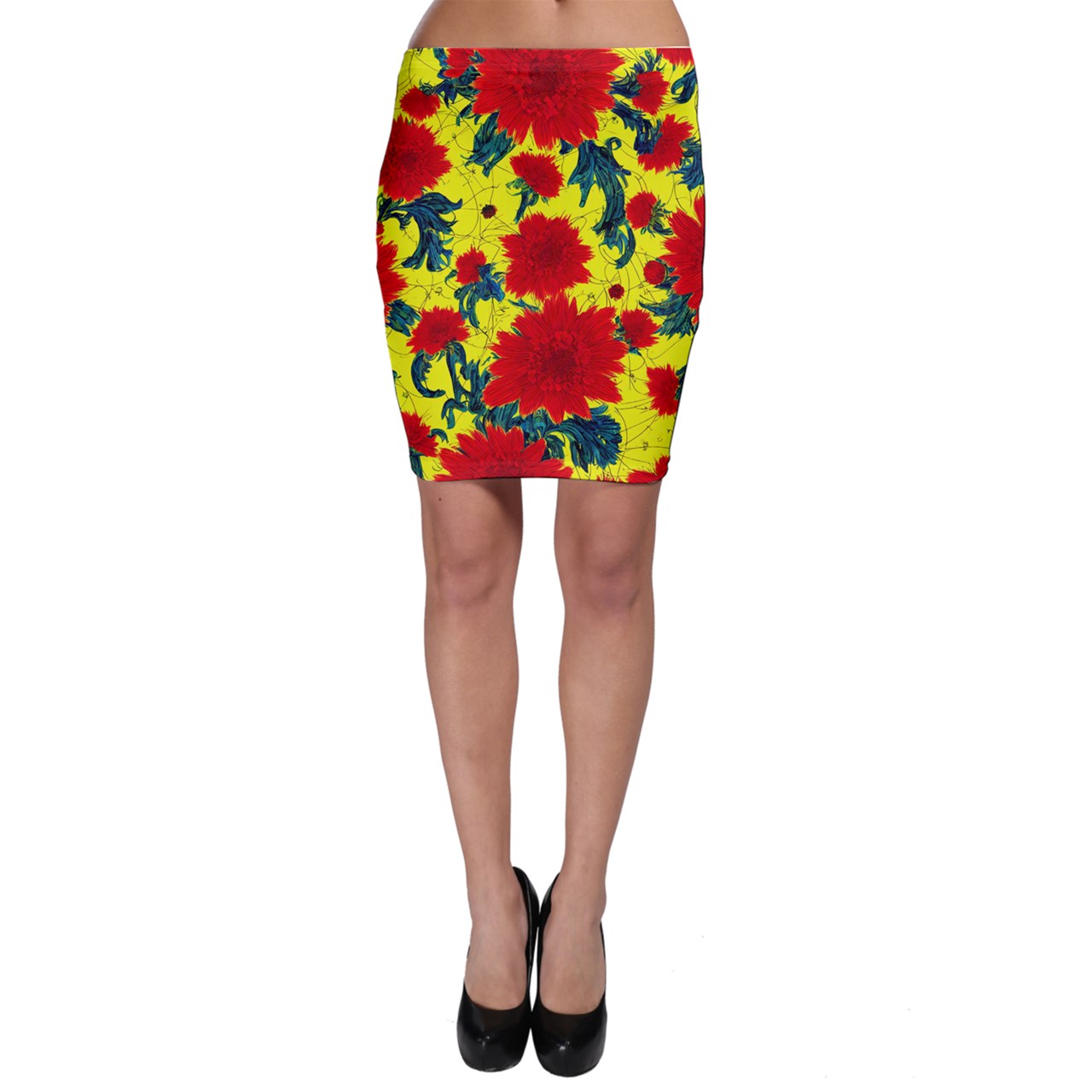 Red Flowers on Yellow Bodycon Skirt