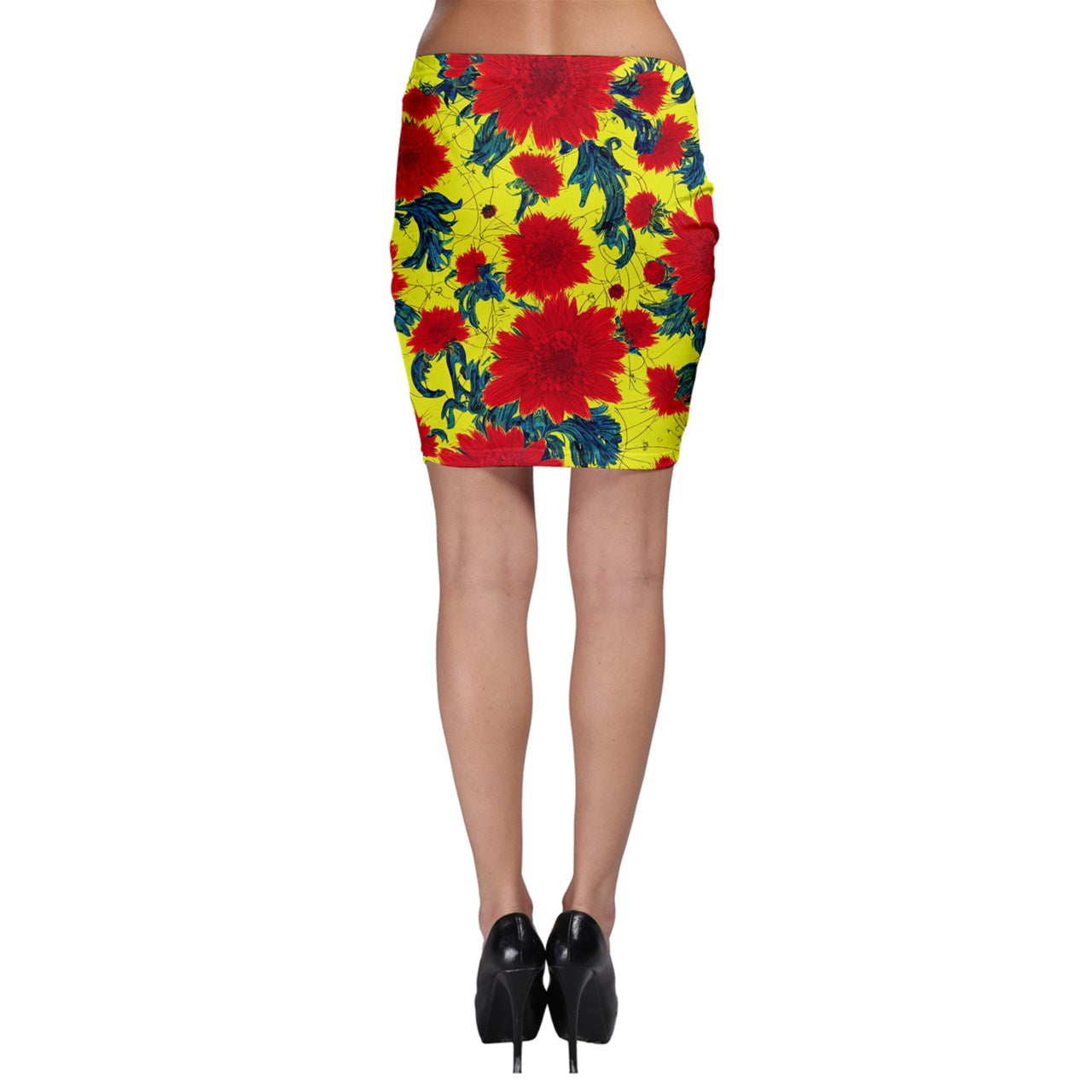 Red Flowers on Yellow Bodycon Skirt