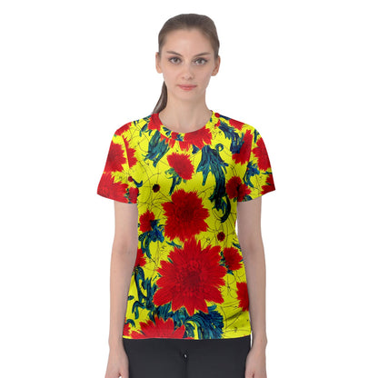 Red Flowers on Yellow Women's Sport Mesh Tee