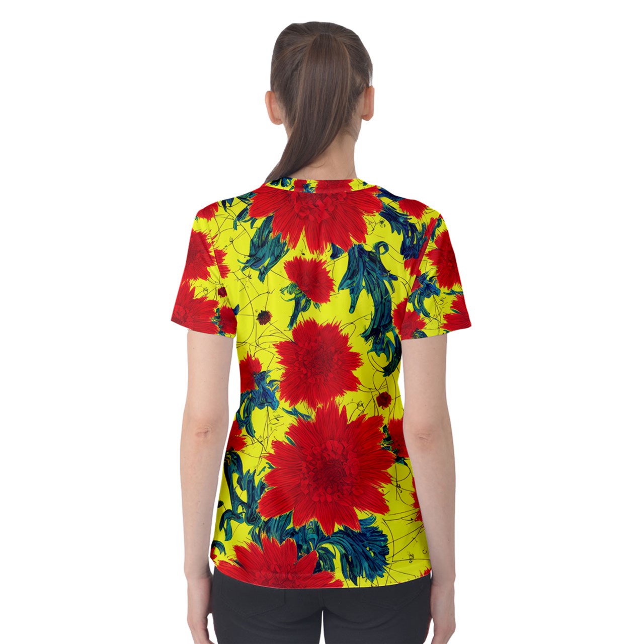 Red Flowers on Yellow Women's Sport Mesh Tee