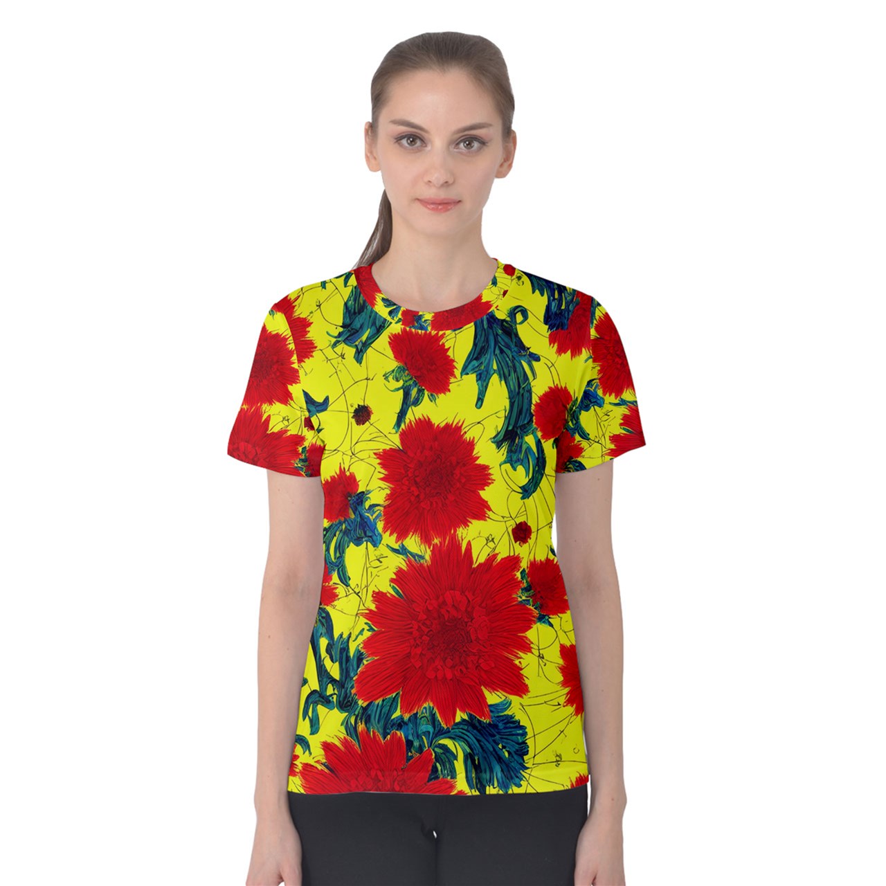 Red Flowers on Yellow Women's Cotton Tee