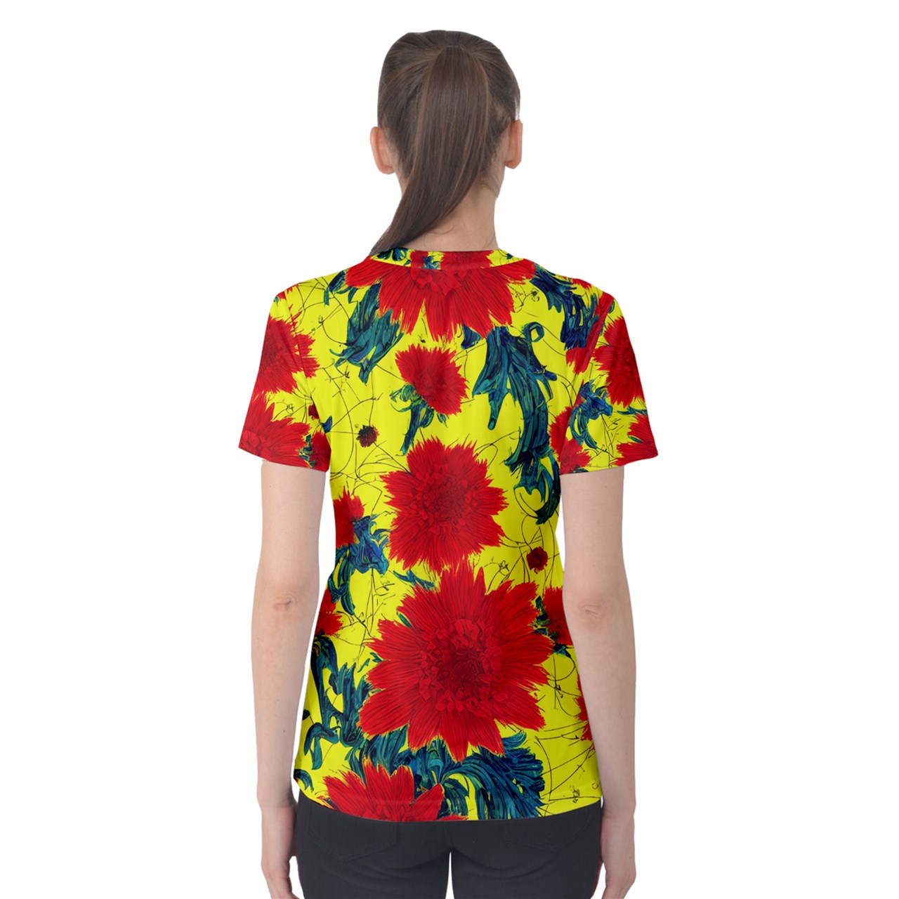 Red Flowers on Yellow Women's Cotton Tee