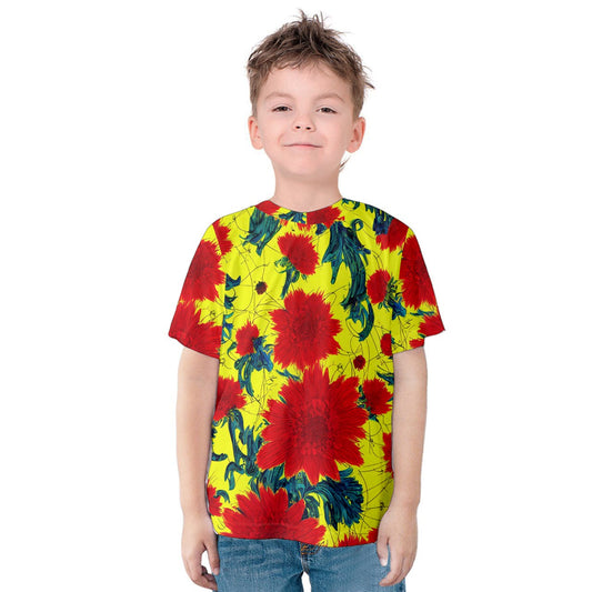 Red Flowers on Yellow Kids' Cotton Tee