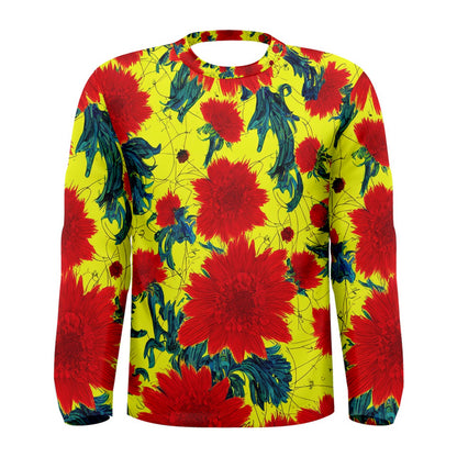 Customizable Men's Long Sleeve Tee - Red Flowers on Yellow - 90% Cotton, 10% Spandex