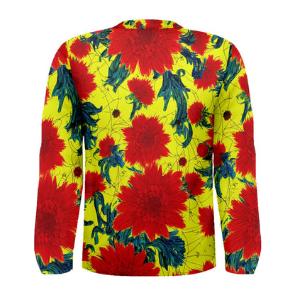 Customizable Men's Long Sleeve Tee - Red Flowers on Yellow - 90% Cotton, 10% Spandex